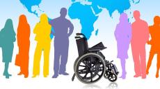 Silhouettes of various people and a wheelchair against an Earth background.