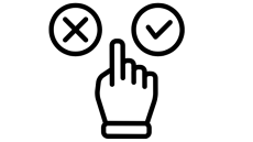 black drawing of a hand pointing in between an x and a check mark
