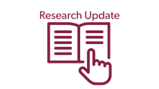 Maroon drawing of a hand pointing to text in an open book with the words research update