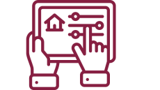 Maroon drawing of hands pointing to a tablet showing a house and sliders