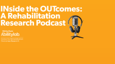 orange banner with micrphone and inside the outcomes a rehabilitation research podcast