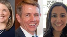 photos of three faces: a white woman with blonde hair in front of the Chicago flag, a white man with brown hair in a suit and a woman with dark brown hair.