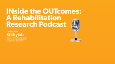 orange banner with micrphone and inside the outcomes a rehabilitation research podcast