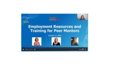 screenshot of a webinar slide featuring speakers Linda Ehrlich-Jones, Deborah Crown and Angelika Kudla with words in white on a blue background that say Employment Resources and Training for Peer Mentors