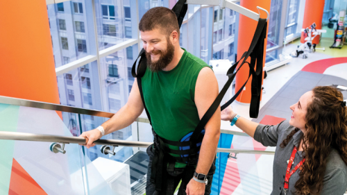 spinal cord injury patient on AbilityLab stairs