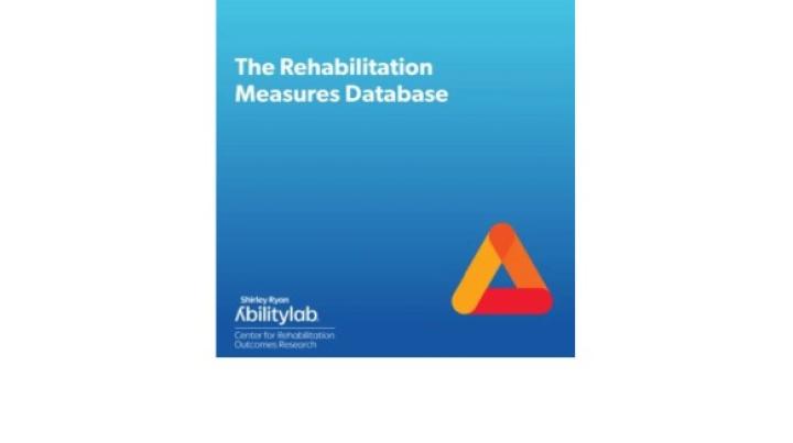 a graphic that says Rehabilitation Measures Database in white on a blue background. There is a red and orage triangle graphic in the lower right corner and the CROR logo in the lower left corner