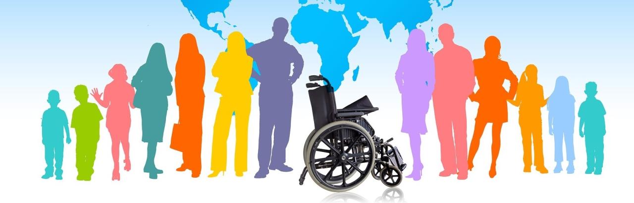 Silhouettes of various people and a wheelchair against an Earth background.