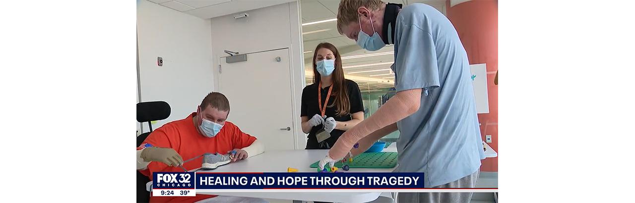 Still from FOX 32's report on friendship between two patients at Shirley Ryan AbilityLab