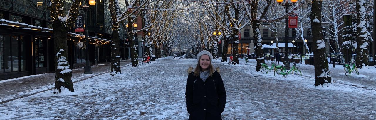 picture of Angelika Kudla on a snowy empty street