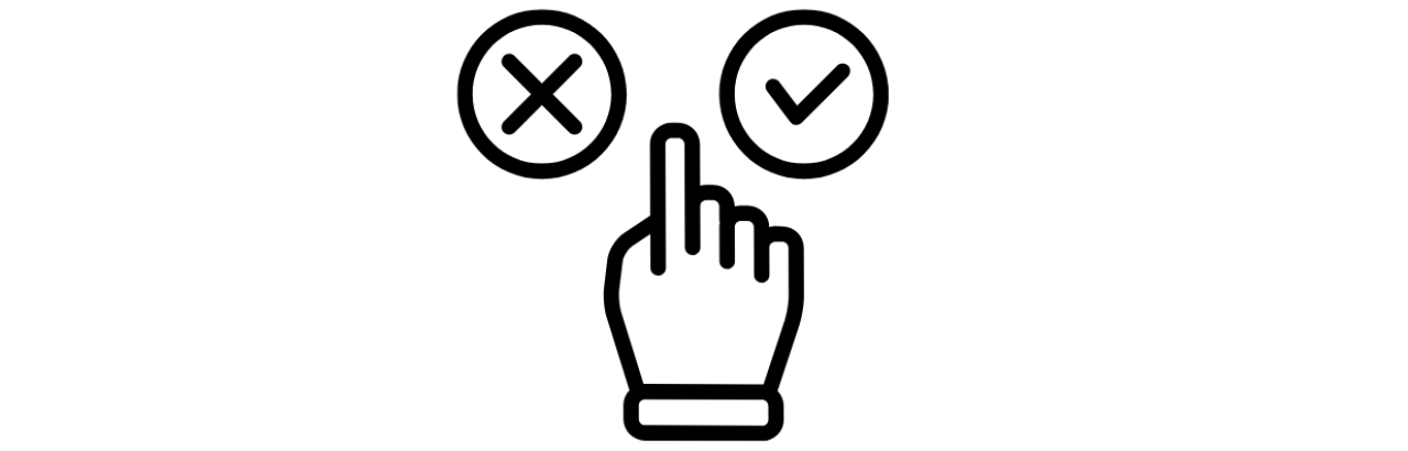 A black drawing of a hand on a white background pointing between two options an x and a check mark