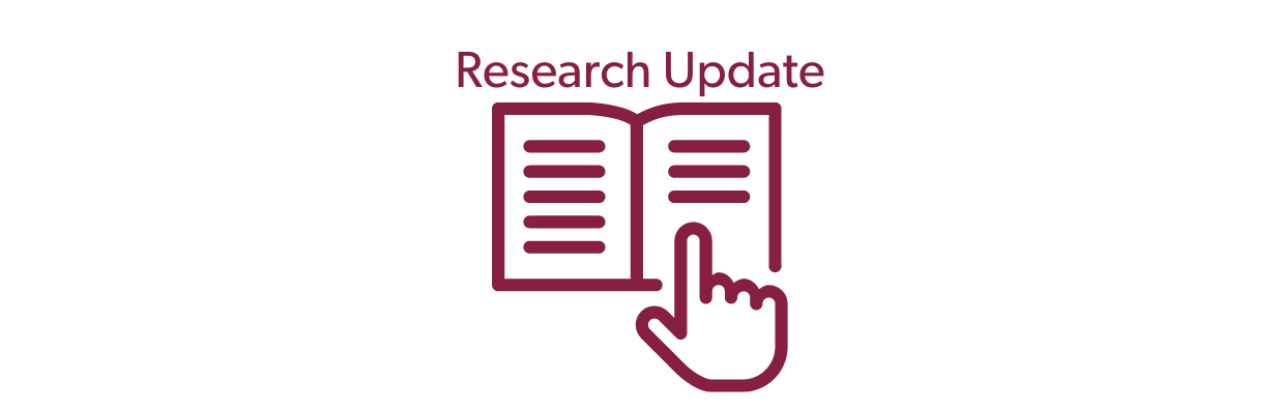 Maroon drawing of a hand pointing to text in an open book with the words research update