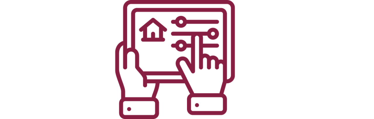 Maroon drawing of hands pointing to a tablet showing a house and sliders