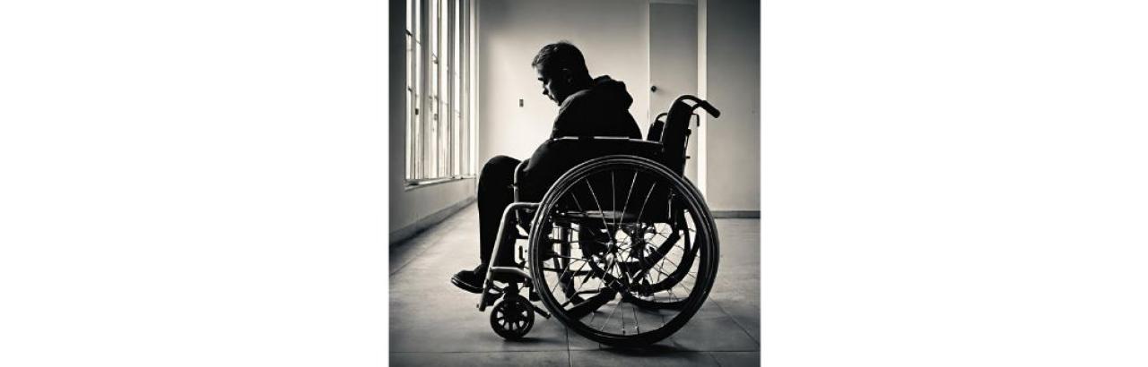 black and white photo of person in a wheelchair looking depressed
