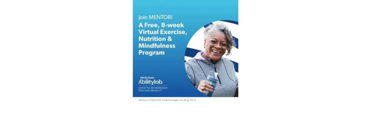 Graphic for recruitment for MENTOR showing a photo of an older Black woman with grey hair and a grey sweatshirt holding a water bottle.