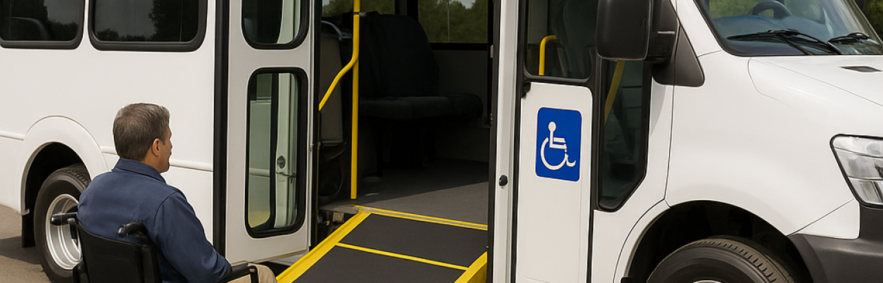 Picture of a man in wheelchair going up a ramp into a bus