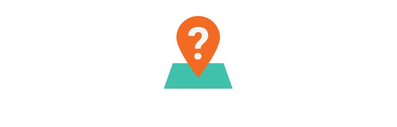 an orange pin with a question mark pointing down onto a blue square