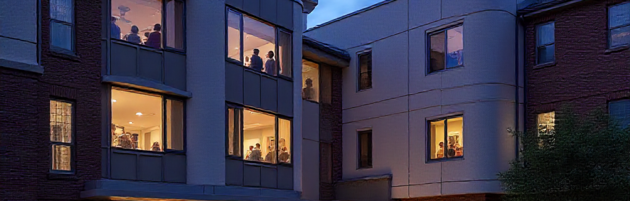Picture of a building at night with lights on