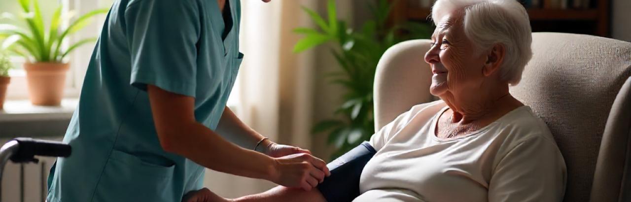 a health aide assisting a woman in a chair