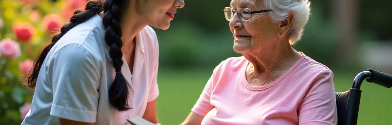 a caregiver assisting a woman in a chair