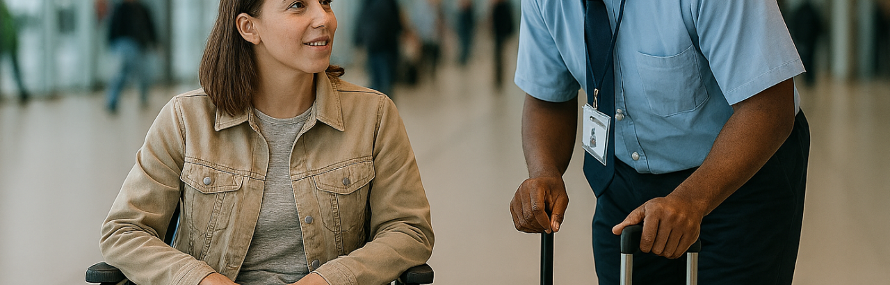 woman traveler in wheelchair being assisted
