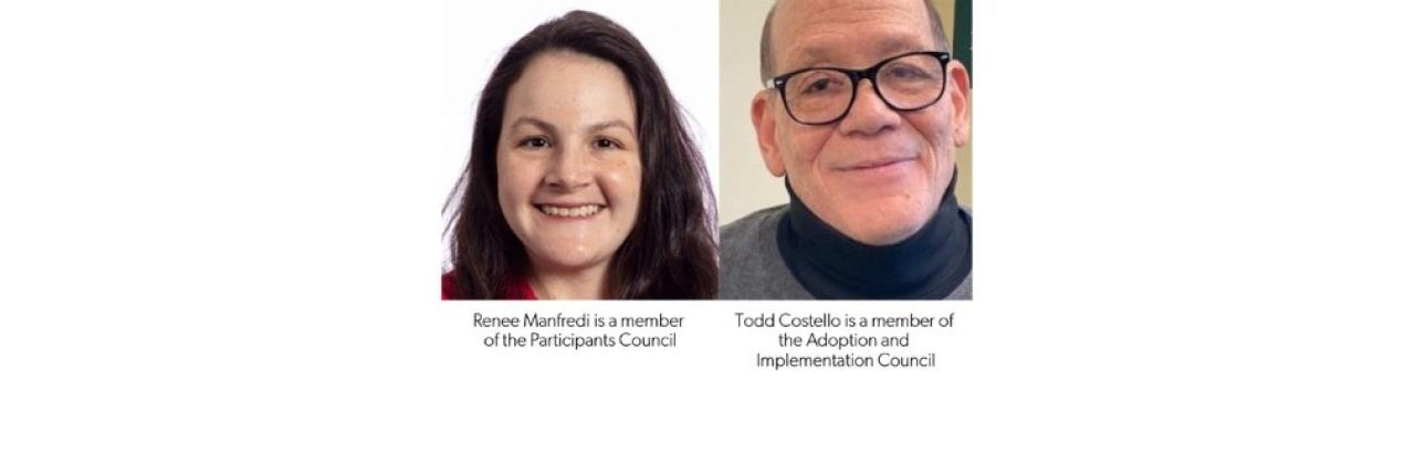 photos of Renee Manfredi and Todd Costello. Renee is a young white woman with short brown hair. Todd is an older man with glasses and a black turtleneck shirt.