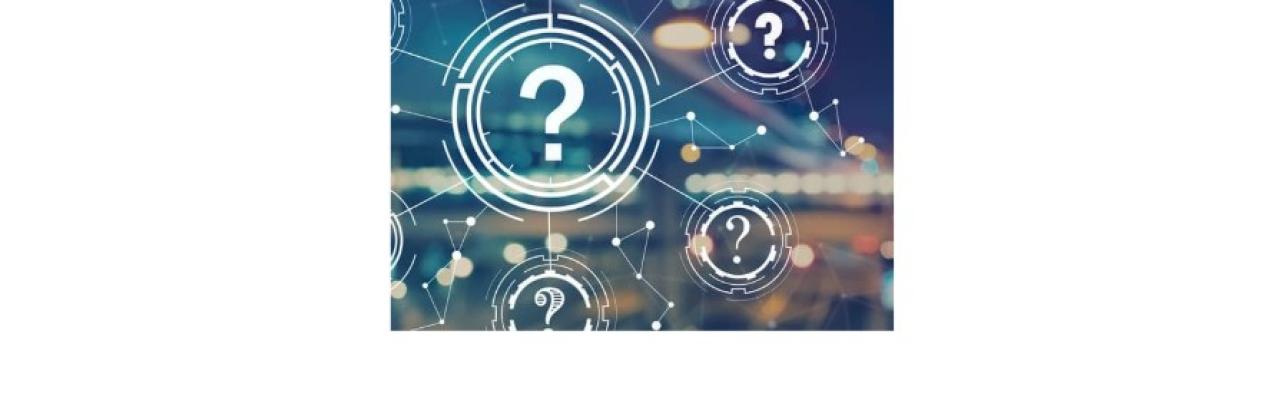 a graphic consisting of several white question marks on a blue background with out of focus lights