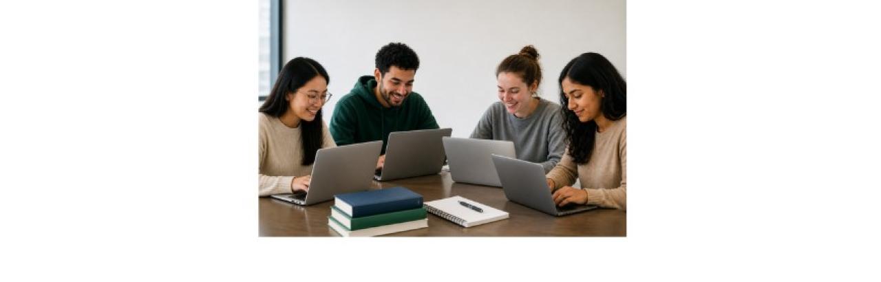 Four students looking at laptops sit together.