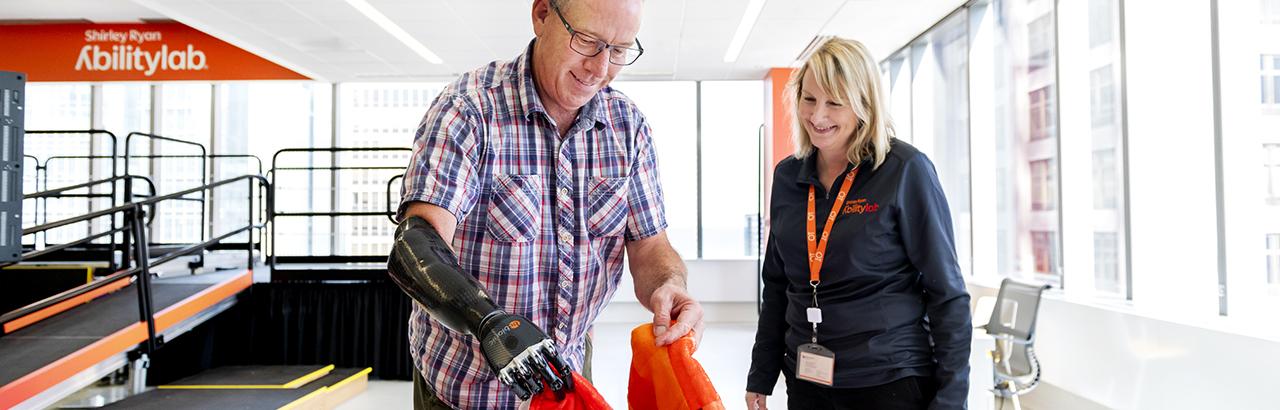 A patient uses a prosthetic limb at the Shirley Ryan AbilityLab