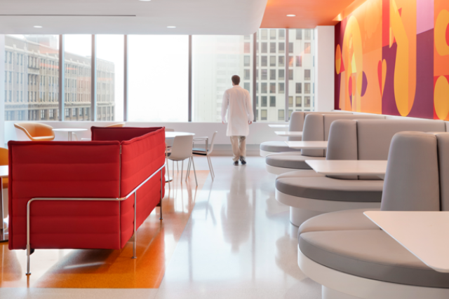 Dr near window with red chair and cafe booths