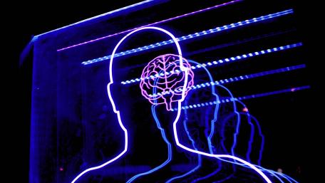 Neon silhouette of man w/ brain, repeating