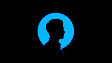 black background with cameo portrait with blue circle