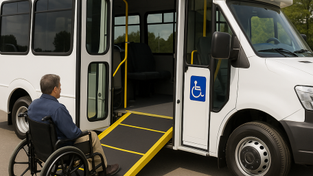 Picture of a man in wheelchair going up a ramp into a bus