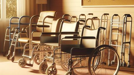 A warm image of wheelchairs walkers and canes