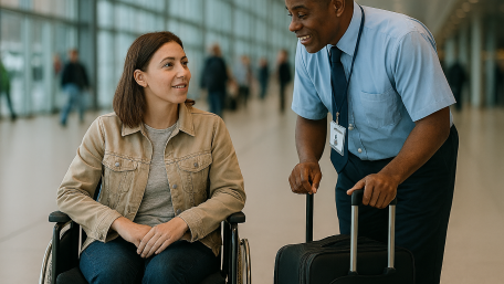 woman traveler in wheelchair being assisted