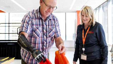 A patient uses a prosthetic limb at the Shirley Ryan AbilityLab