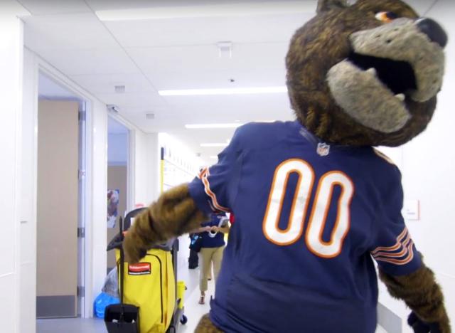 Staley the Bear's mascot visits our pediatric patients