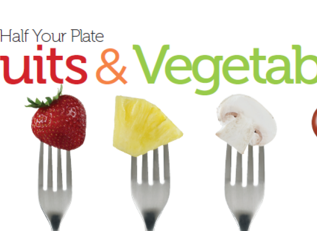 fruits and vegetables on forks
