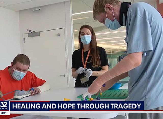 Still from FOX 32's report on friendship between two patients at Shirley Ryan AbilityLab