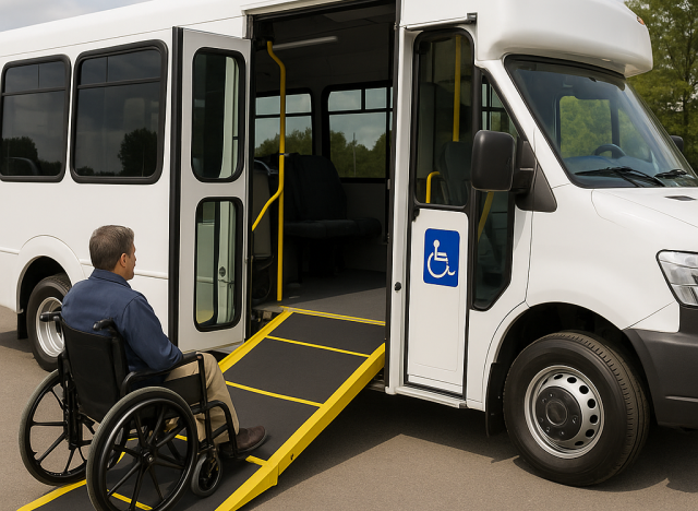 Picture of a man in wheelchair going up a ramp into a bus