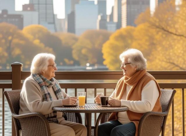 two women relaxing with Chicago skyline in background