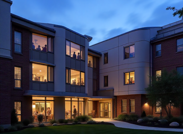 Picture of a building at night with lights on
