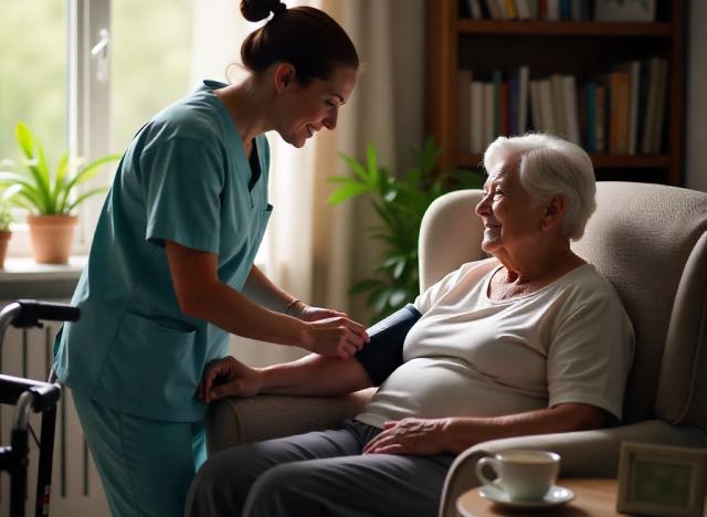 a health aide assisting a woman in a chair