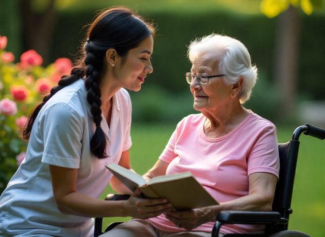 a caregiver assisting a woman in a chair