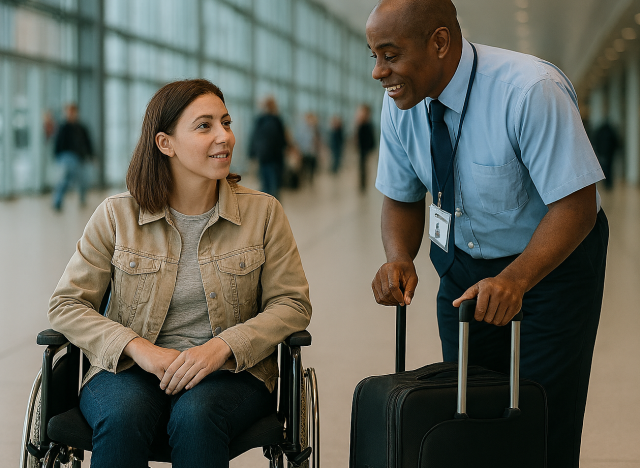 woman traveler in wheelchair being assisted