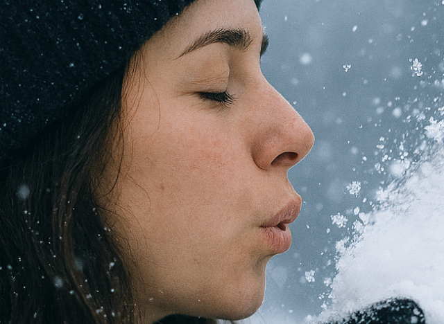 Woman blowing snow