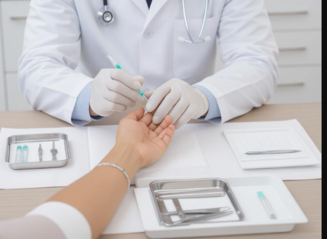 Clinician injecting into patients hand