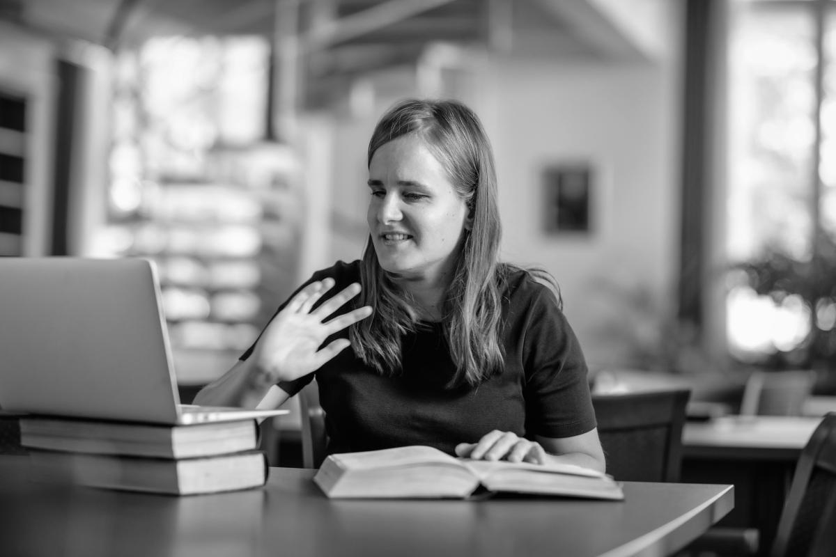 Blind woman conducting research