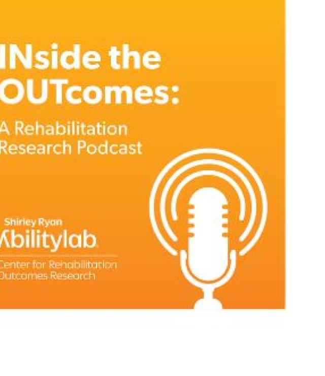 orange banner with white microphone graphic and inside the outcomes a rehabilitation research podcast