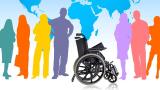 Silhouettes of various people and a wheelchair against an Earth background.