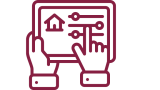 maroon drawing of hands on a tablet with a house and sliders on the screen